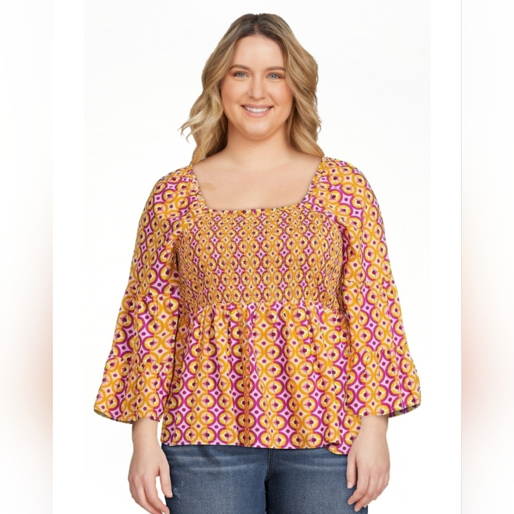 Terra & Sky Women's Plus Size Geometric Bell Sleeve Smocked Top sz 1X